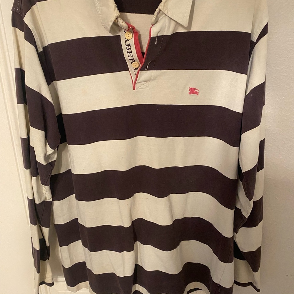 Vintage* Burberry Black and White Striped Polo Shirt